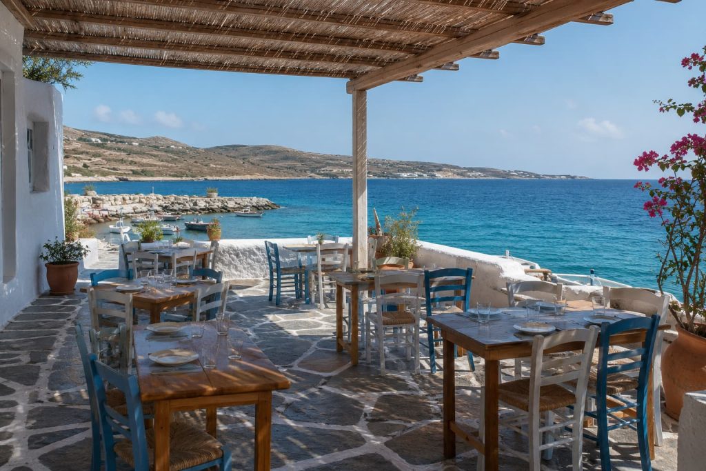 Ενδεικτικό εστιατόριο στις Κυκλάδες με σκιασμένη βεράντα και θέα στη θάλασσα