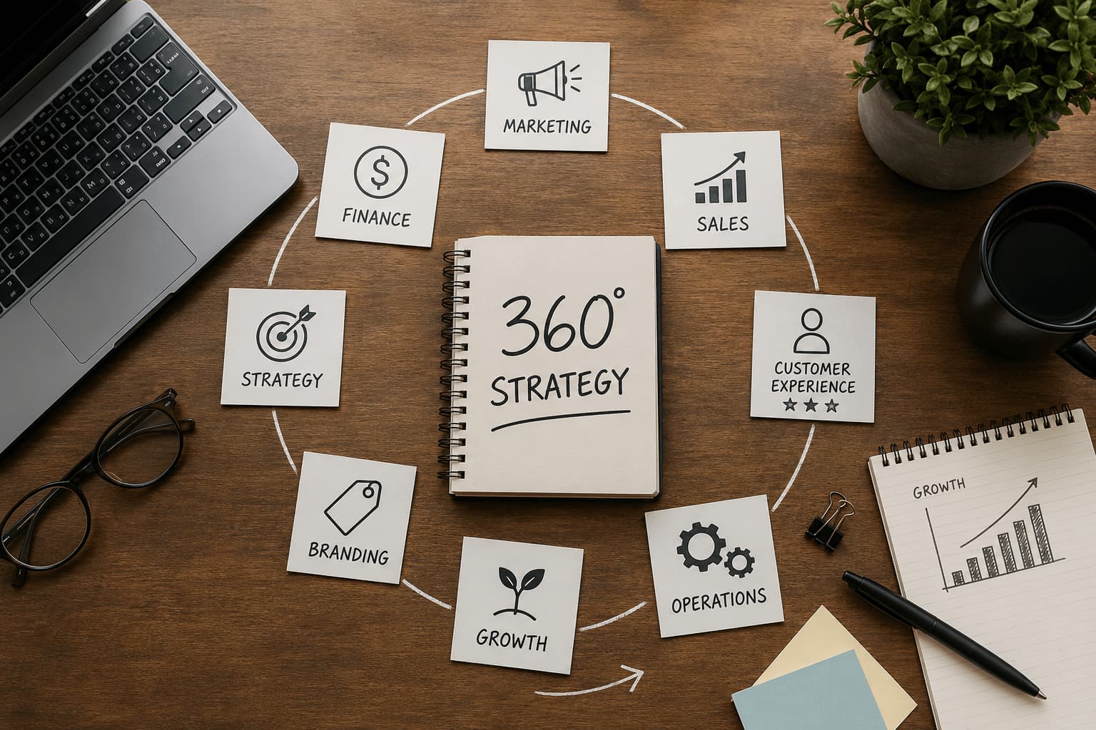 360° επιχειρηματική στρατηγική με marketing, πωλήσεις και ανάπτυξη επιχείρησης